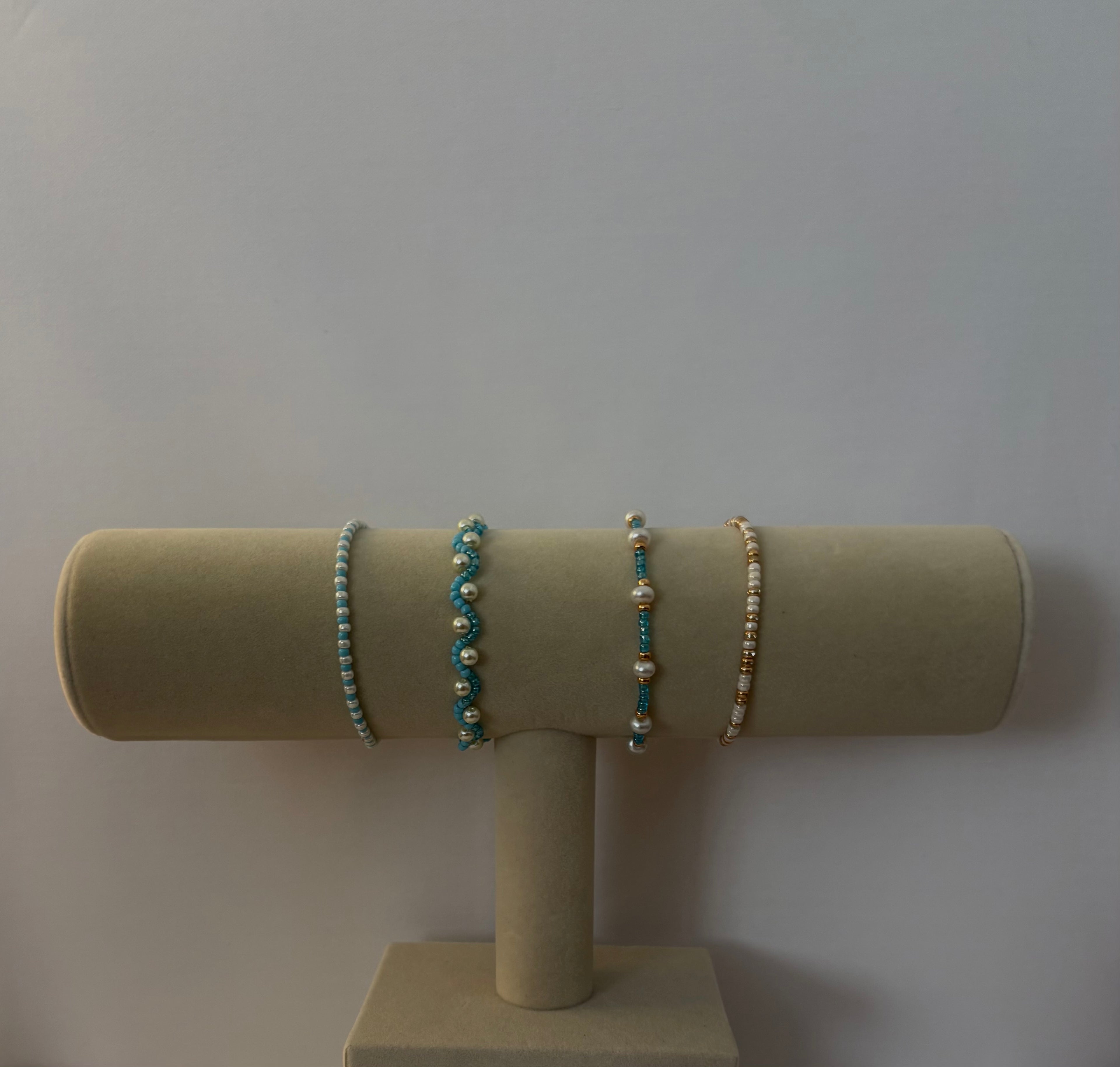 The Sea Glass Set – Blue, Gold & White Seed Bead Bracelets