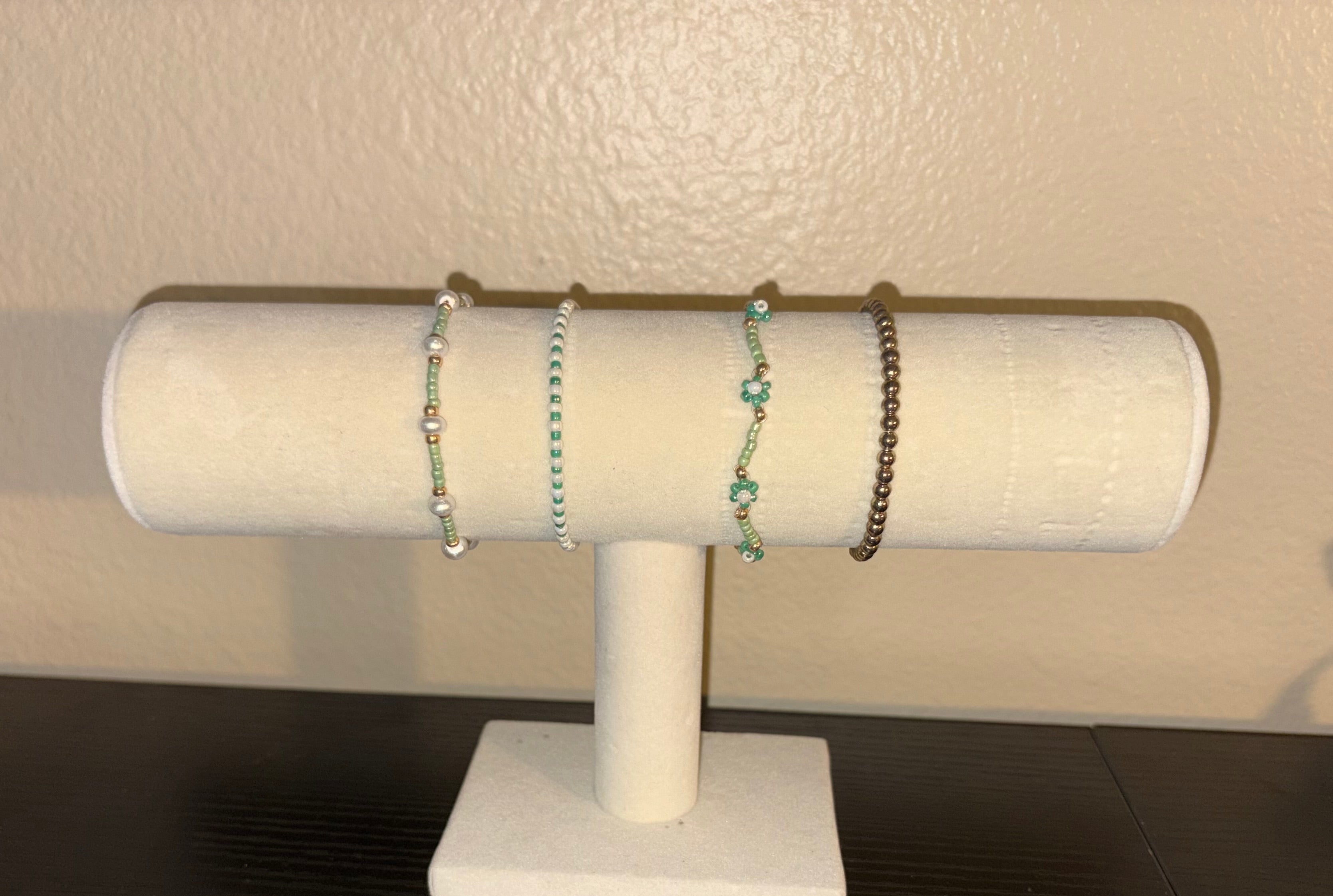 Feelin' Lucky Set – Green, Gold & White Seed Bead Bracelets